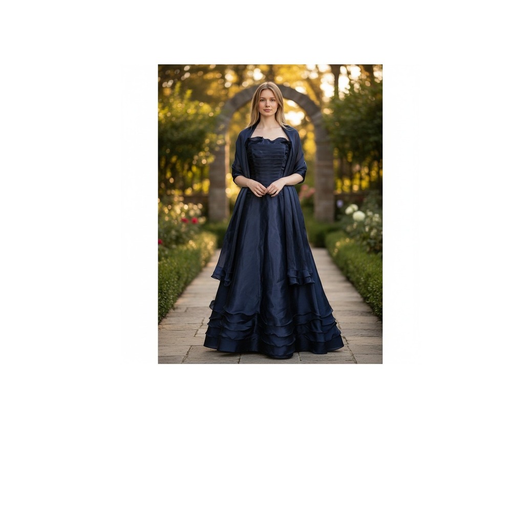 Rose Taft Couture Gown Women Navy‎ Blue  Ruched Ruffle Formal like new